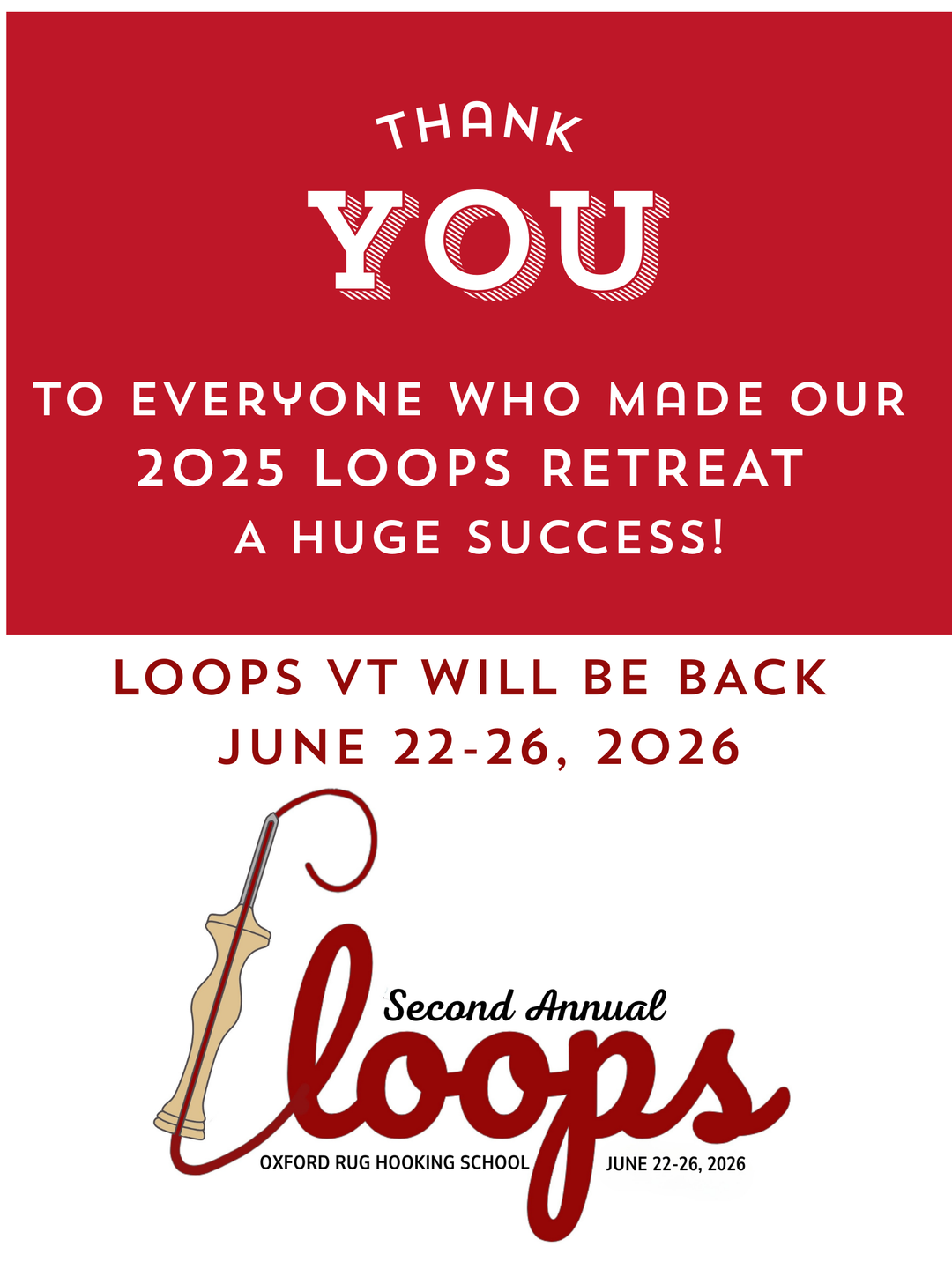 LOOPS VT- our one-of-a-kind, all inclusive, 5-day punch needle retreat filled with FUN, FRIENDSHIP and LEARNING!