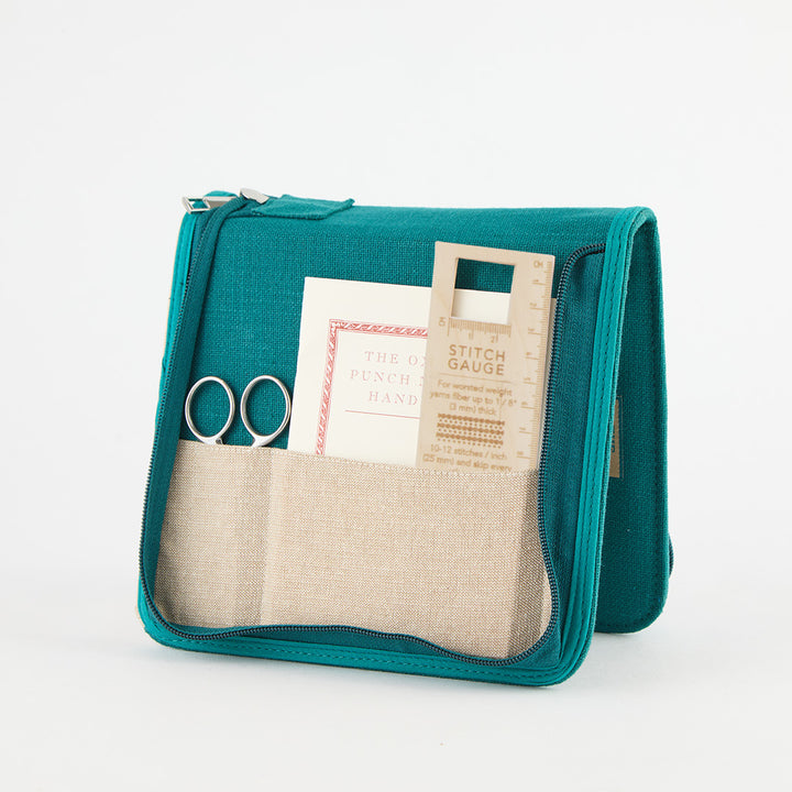 Oxford punch needles fine point set set in zippered case along with scissors and a wooden stitch gauge.