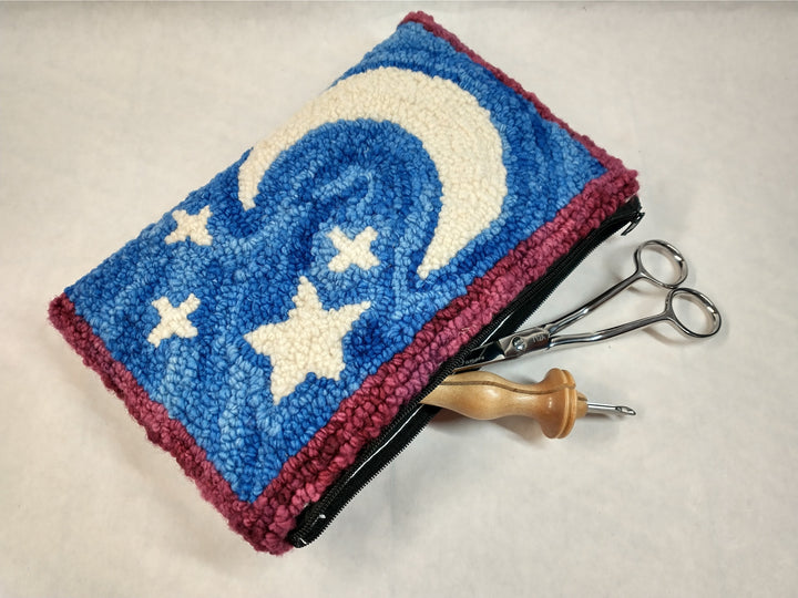 Sun and Moon Zippered Pouch: Continuing Beginner Fine Point Punch Needle Rug Hooking by Laura Berlage