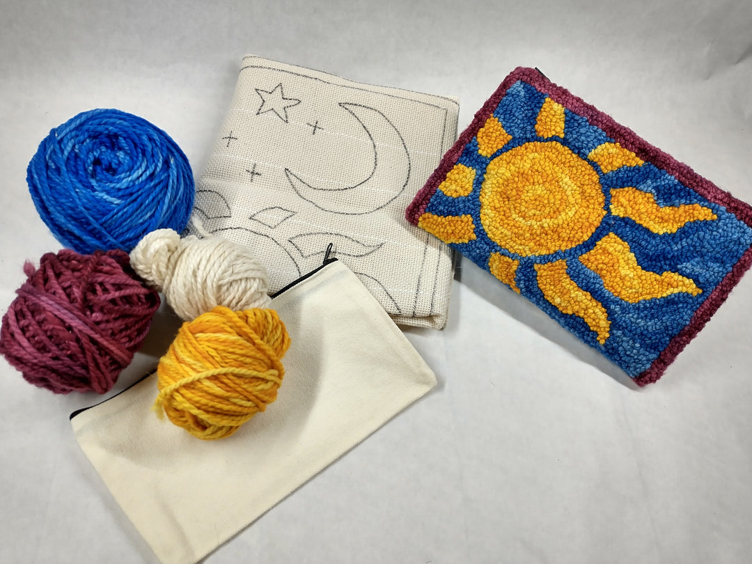 Sun and Moon Zippered Pouch: Continuing Beginner Fine Point Punch Needle Rug Hooking by Laura Berlage