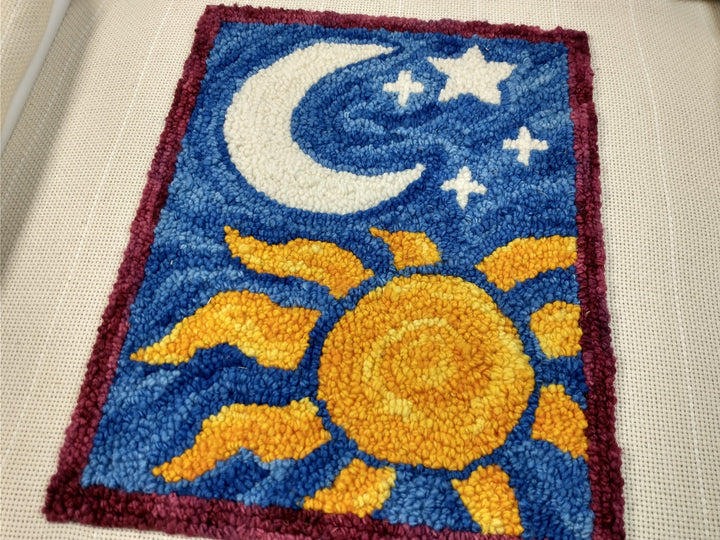 Sun and Moon Zippered Pouch: Continuing Beginner Fine Point Punch Needle Rug Hooking by Laura Berlage